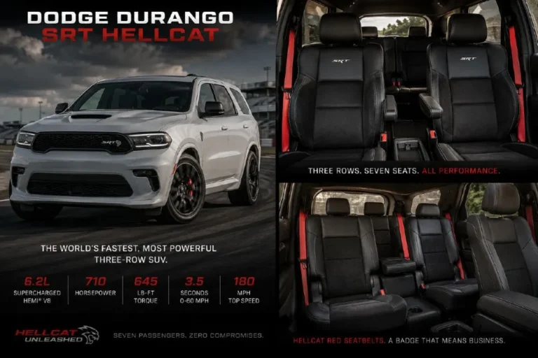 Dodge Durango SRT Hellcat showing the exterior performance design and three-row seven-passenger interior with red seatbelts that identify the SRT Hellcat configuration combining 710 horsepower from the supercharged 6.2-liter Hellcat V8 with three rows of seating for seven passengers a towing capacity of 8700 pounds a top speed of 180 mph and a 0-60 time of 3.5 seconds making it the fastest three-row production vehicle currently available for purchase anywhere in the world