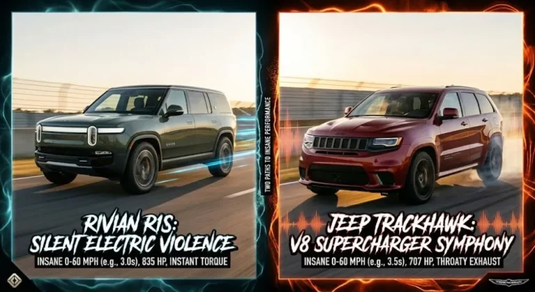 Split image comparison showing the Rivian R1S electric SUV on the left representing silent electric performance with 1025 horsepower and 2.6-second 0-60 and the Jeep Grand Cherokee Trackhawk or Dodge Durango SRT Hellcat on the right representing the supercharged V8 symphony with 707 to 710 horsepower and 3.5-second 0-60 and 180 mph top speed illustrating the fundamental character difference between electric and gasoline American performance SUVs that specifications alone cannot capture
