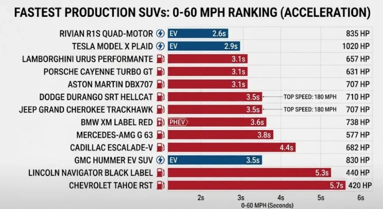 Horizontal bar chart ranking the fastest American SUVs in the world by 0-60 mph time with Rivian R1S Quad-Motor fastest at 2.6 seconds and 1025 horsepower in blue for electric followed by Rivian R1S Tri-Motor at 2.9 seconds GMC Hummer EV at 3.0 seconds Jeep Grand Cherokee Trackhawk at 3.5 seconds and 180 mph top speed Dodge Durango SRT Hellcat at 3.5 seconds and 180 mph top speed in red for gasoline Ford Mustang Mach-E GT PE at 3.5 seconds Cadillac Escalade-V at 4.4 seconds and Jeep Grand Cherokee SRT at 4.4 seconds