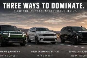 Fastest American SUVs in the world in 2026 including the Rivian R1S Quad-Motor reaching 60 mph in 2.6 seconds with 1025 horsepower the Jeep Grand Cherokee Trackhawk with 707 horsepower and 180 mph top speed the Dodge Durango SRT Hellcat with 710 horsepower and 180 mph top speed in a three-row seven-passenger body and the Cadillac Escalade-V with 682 horsepower reaching 60 mph in 4.4 seconds representing the complete ranking of every fast American SUV from the most extreme electric to the most refined gas-powered luxury performance SUV