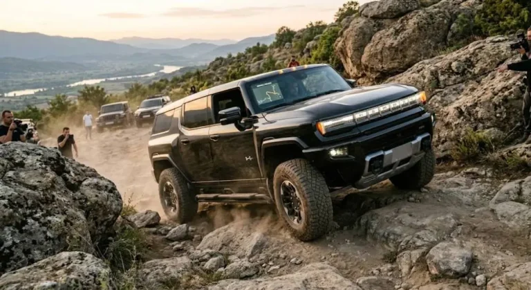 GMC Hummer EV SUV demonstrating CrabWalk four-wheel steering mode allowing diagonal movement showing the 830 horsepower electric SUV weighing approximately 9000 pounds producing approximately 3.0-second 0-60 performance with WattsBomb launch system that charges battery capacitors for maximum power delivery alongside Extract Mode that raises suspension for maximum ground clearance representing the most extreme and heaviest American electric performance SUV available