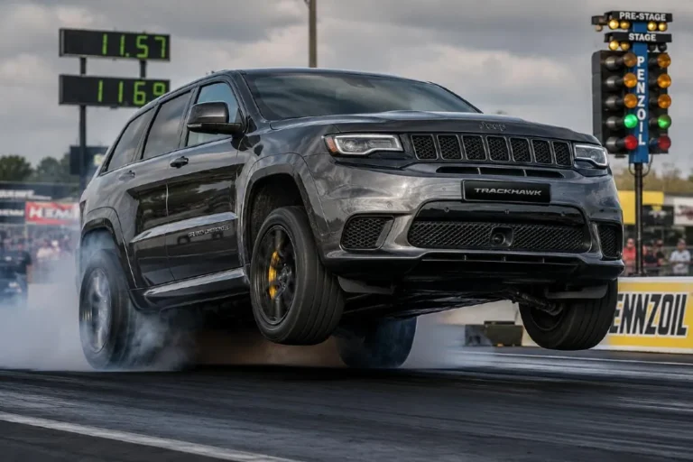 Jeep Grand Cherokee Trackhawk at launch control activation showing the front nose rise under acceleration from the 707 horsepower supercharged 6.2-liter Hellcat V8 reaching 60 mph in 3.5 seconds covering the quarter mile in 11.6 seconds and achieving a top speed of 180 mph making it the fastest gas-powered American SUV ever built produced from 2018 through 2021 and available on the used market for approximately 75000 to 85000 dollars 