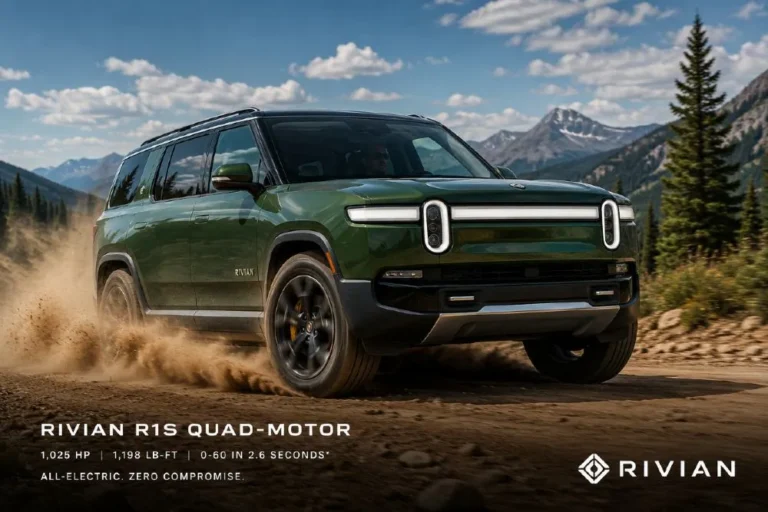 Rivian R1S Quad-Motor electric SUV producing 1025 horsepower from four individual wheel motors reaching 60 mph in approximately 2.6 seconds making it the fastest American SUV in the world by 0-60 time ahead of the Jeep Grand Cherokee Trackhawk and Dodge Durango SRT Hellcat at 3.5 seconds while also offering genuine off-road capability and approximately 420 miles of range with NACS Supercharger network access