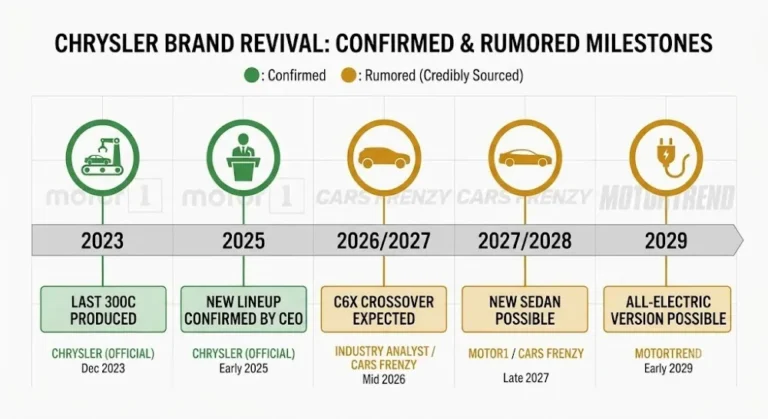 Horizontal timeline showing the Chrysler 300 revival story from the 2023 final 300C production through CEO Christine Feuell's November 2025 confirmation of new lineup plans including sedans and SRT models through the expected 2026 to 2027 C6X crossover to the 2027 to 2028 potential new sedan arrival based on Motor1 and Cars Frenzy reporting and the 2029 all-electric version possibility cited by MotorTrend with green markers for confirmed events and amber for unconfirmed but credibly sourced speculation 