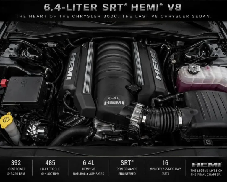 6.4-liter SRT HEMI V8 engine in the 2023 Chrysler 300C engine bay producing 485 horsepower and 475 lb-ft of torque representing the last V8 engine installed in a Chrysler production sedan in history the final expression of the HEMI V8 in the Chrysler 300 lineup that began with the 6.1-liter version and progressed through to 485 horsepower in the farewell edition available in approximately 2200 examples for North America