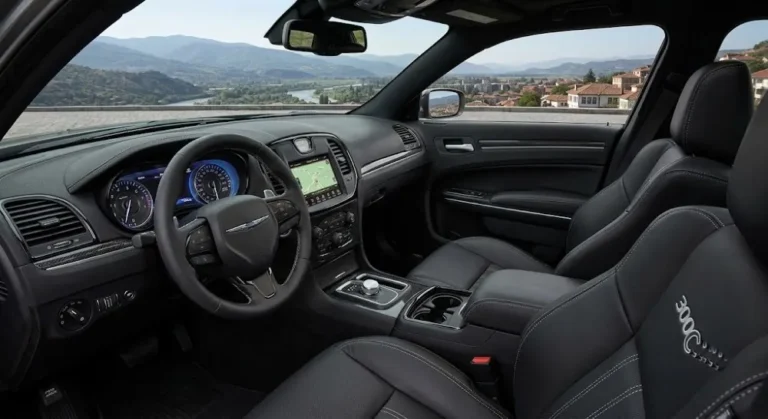 Chrysler 300C interior showing black leather seats with silver stitching throughout the cabin representing the farewell edition's specific interior specification with Uconnect infotainment system and 300C badging in the cabin of the limited edition producing approximately 2000 US examples and 200 Canadian examples as the last Chrysler 300 ever produced