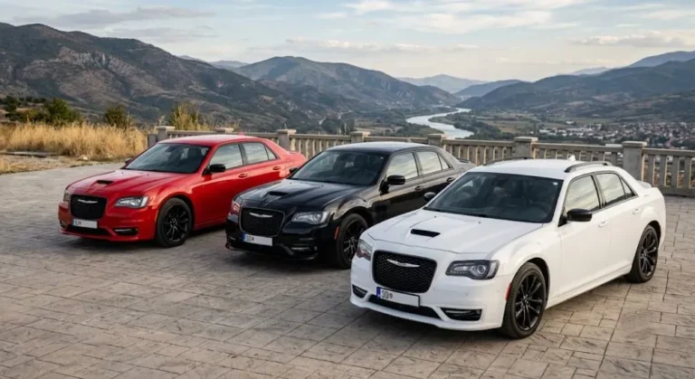 Chrysler 300C shown in its three available colors of white black and red representing the deliberate limited color palette of the farewell edition produced in approximately 2200 North American examples as the last Chrysler 300 ever produced with the three-color restriction serving as an editorial decision that gave each configuration a specific visual clarity rather than an austerity measure communicating the car's meaning precisely
