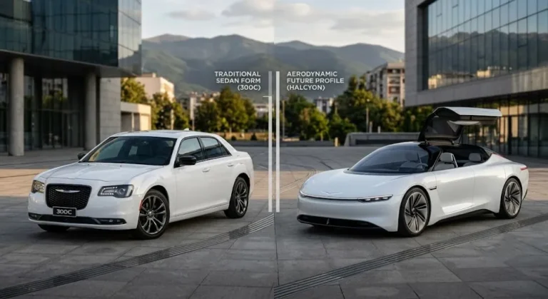 Side by side comparison of the 2023 Chrysler 300C with traditional upright waterfall grille formal three-box sedan proportions and wide rear-wheel-drive stance alongside the Chrysler Halcyon electric concept with its aerodynamic low profile and suicide rear doors showing the fundamental design tension the new Chrysler 300 sedan must resolve between honoring the traditional 300 heritage and embodying Chrysler's electric luxury future direction