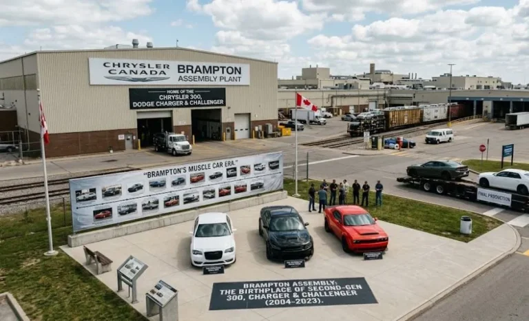 Chrysler Brampton Assembly Plant in Ontario Canada where the second-generation Chrysler 300 was produced from 2004 through the final 2023 Chrysler 300C farewell edition as well as the Dodge Charger and Dodge Challenger before their discontinuation representing the production facility that built the last generation of traditional rear-wheel-drive American performance sedans and muscle cars before Stellantis transitioned to new models on the STLA Large platform