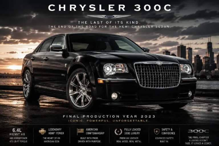 Chrysler 300C final farewell edition in black representing the last Chrysler 300 ever produced with approximately 2000 US and 200 Canadian examples using the 6.4-liter SRT HEMI V8 producing 485 horsepower and 475 lb-ft of torque reaching 60 mph in 4.3 seconds covering the quarter mile in 12.4 seconds with Brembo brakes and adaptive suspension as the last V8-powered Chrysler sedan with Chrysler CEO Christine Feuell confirming plans for a new sedan revival potentially arriving 2027 to 2029 