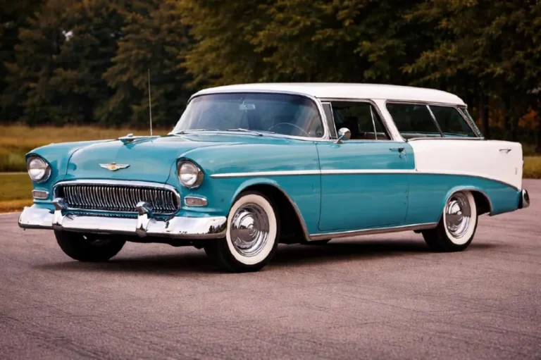 1955 Chevrolet Nomad two door sport wagon designed by Carl Renner under Harley Earl showing the distinctive forward sloping B-pillars frameless door glass panoramic windscreen and seven chrome banana strips on the rear tailgate that made it the most stylistically distinctive American station wagon ever produced priced at 2571 dollars more expensive than any Chevrolet that year except the Corvette with 8386 units produced in its debut year