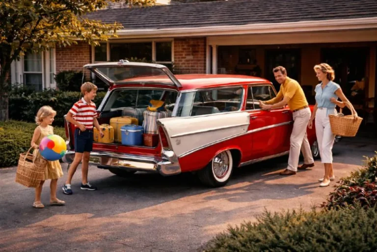 Classic American station wagon representing the complete history of American family wagons from the 1934 Plymouth Westchester woodie through the 1955 1957 Chevrolet Nomad the Ford Country Squire 41 year production run the Oldsmobile Vista Cruiser with skylights and GM clamshell tailgate through the decline of the segment in the 1990s as SUVs replaced wagons as America's primary family vehicle