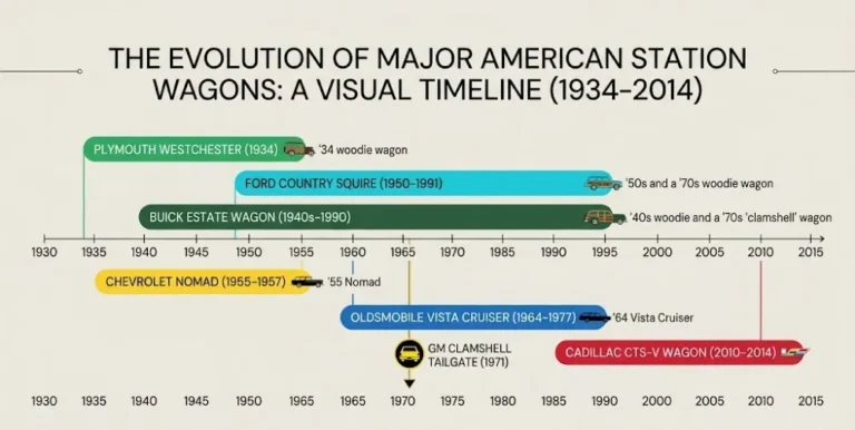 Horizontal timeline graphic showing American station wagon production years from 1934 to 2014 including the 1934 Plymouth Westchester first woodie the 1955 to 1957 Chevrolet Nomad the 1950 to 1991 Ford Country Squire 41 year production run the 1964 to 1977 Oldsmobile Vista Cruiser the Buick Estate Wagon from the 1940s through 1990 the GM clamshell tailgate innovation in 1971 and the final American performance wagon the Cadillac CTS-V discontinued in 2014