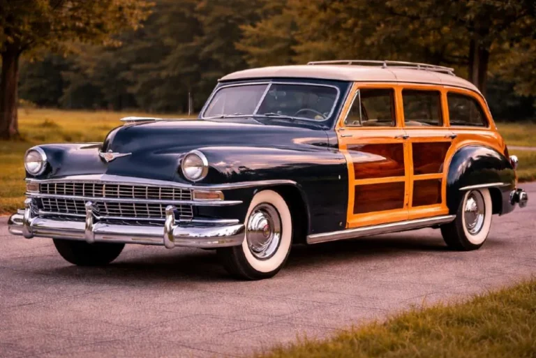 1940s Chrysler Town and Country station wagon showing the genuine wooden door panels and body framing constructed from actual mahogany and white ash that made it the most luxurious American woodie wagon of the era before manufacturers transitioned to all-steel construction and simulated wood vinyl appliqués from 1951 onward representing the authentic wood construction that the subsequent generations of vinyl woodgrain trim were designed to evoke visually