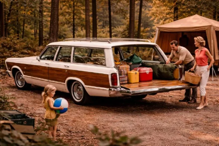 Ford Country Squire sixth generation 1965 to 1968 in period suburban setting showing the distinctive woodgrain vinyl side treatment that became the defining visual identity of American premium station wagons the two-way tailgate innovation introduced in 1966 that could either fold down for cargo loading or swing open as a passenger door and the full size proportions of Ford's flagship wagon that ran in continuous production from 1950 to 1991 for 41 years