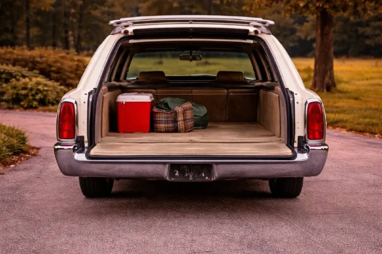 General Motors clamshell tailgate mechanism on a 1971 or later full size station wagon showing the innovative system in which the rear window glass retracts upward into the roof while the lower tailgate panel drops downward into the floor leaving a completely unobstructed rear cargo opening that required no manual operation and took up no exterior storage space the most elegant solution to the station wagon tailgate engineering problem ever developed in American production