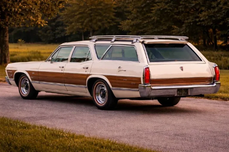 Oldsmobile Vista Cruiser station wagon showing the distinctive raised rear roof section with integrated skylights that provided additional headroom and sky visibility for rear passengers in the optional third row rear facing seats available with Rocket V8 engine options from 1964 to 1977 becoming one of the most recognizable American family vehicles of the era later achieving pop culture immortality through its appearance in the television series That 70s Show