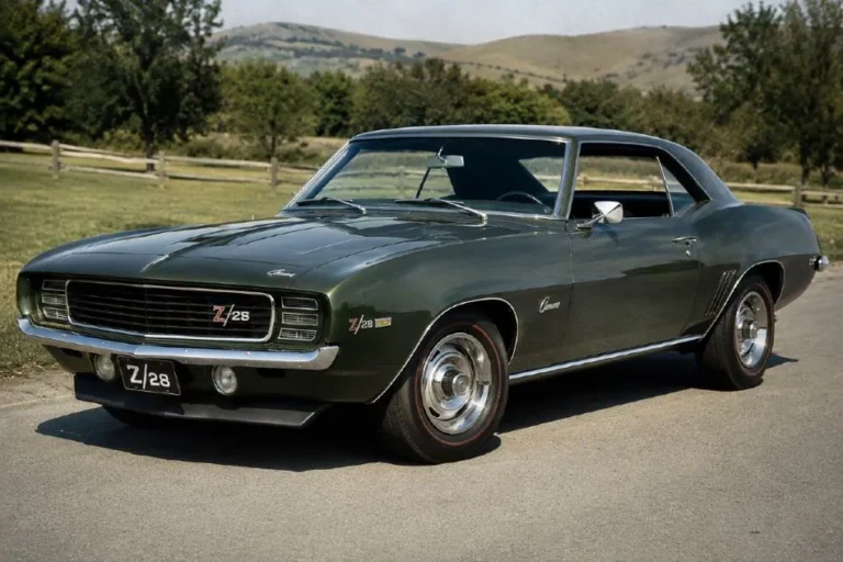 First generation Chevrolet Camaro from 1967 to 1969 showing the original F-body coupe proportions and performance package badging including the Z/28 or SS option introduced September 29 1966 as a 1967 model year vehicle to compete directly with the Ford Mustang with engine options ranging from the 230 cubic inch inline six to the 396 cubic inch big block V8 and the specific 302 cubic inch Z/28 V8 created for Trans-Am racing homologation