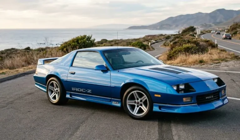 Third generation Chevrolet Camaro IROC-Z from 1985 to 1990 showing the aerodynamic aerocamaro body with IROC-Z International Race of Champions badging representing the performance variant that connected the street car to the racing series where champions from Formula One NASCAR IndyCar and sports car racing competed in identical Camaros 