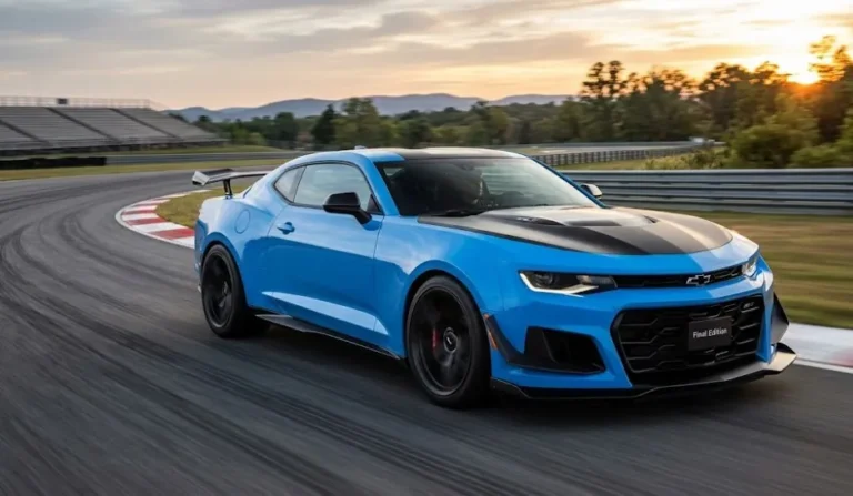 2024 Chevrolet Camaro ZL1 1LE in Rapid Blue representing the final year of sixth generation Camaro production with 650 horsepower from the supercharged 6.2 liter LT4 V8 and the ZL1 1LE aerodynamic package including front splitter rear wing and Multimatic DSSV spool-valve dampers that produced the 7 minutes 16 seconds Nürburgring lap time making it the most capable and most powerful Camaro ever produced in the nameplate's fifty-seven year history