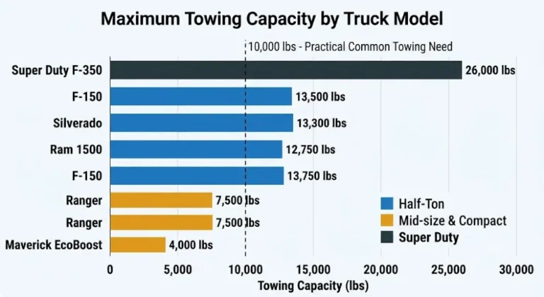 Horizontal bar chart comparing maximum towing capacity of American pickup trucks in 2026 with Ford F-150 at 13500 pounds Ram 1500 at 12750 pounds Chevrolet Silverado 1500 at 13300 pounds Ford Ranger at approximately 7500 pounds Ford Maverick EcoBoost at approximately 4000 pounds and Ford Super Duty F-350 at approximately 26000 pounds showing where each truck sits relative to a 10000-pound reference line for common towing needs