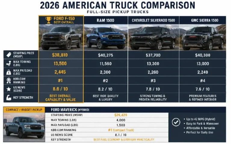 Four-column comparison chart showing the best American full-size pickup trucks of 2026 with Ford F-150 starting at 36900 dollars with 13500 pound max towing and 2455 pound max payload ranked first by KBB at 4.7 out of 5 and 9.6 out of 10 by US News Ram 1500 starting around 38000 dollars ranked second by KBB most comfortable full-size truck Chevrolet Silverado 1500 starting around 37000 dollars ranked third by KBB with fantastic technology and GMC Sierra 1500 ranked fourth with premium workhorse positioning