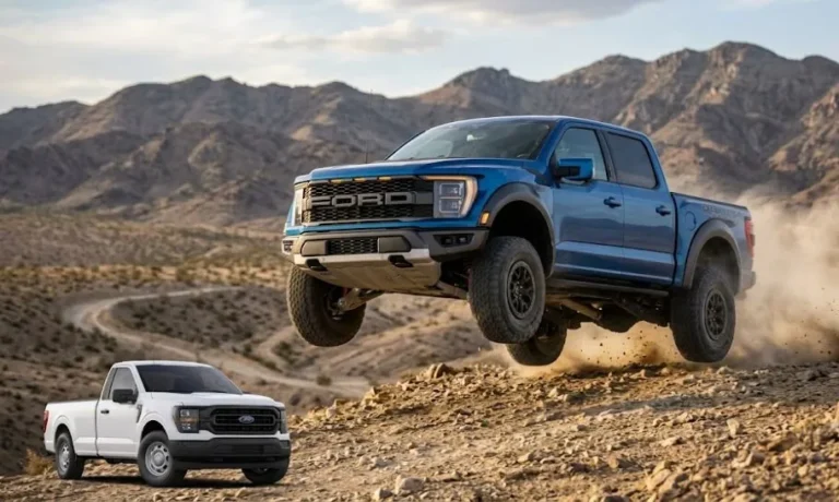2026 Ford F-150 Raptor in off-road action showing the performance variant of America's best-selling pickup truck with Fox suspension wider bodywork and off-road specific hardware representing the upper end of the F-150's configurability range that spans from the 36900 dollar base work truck through the King Ranch and Platinum luxury trims to the Raptor performance variant showing why the F-150's breadth of configuration is itself a capability argument no other American truck fully replicates