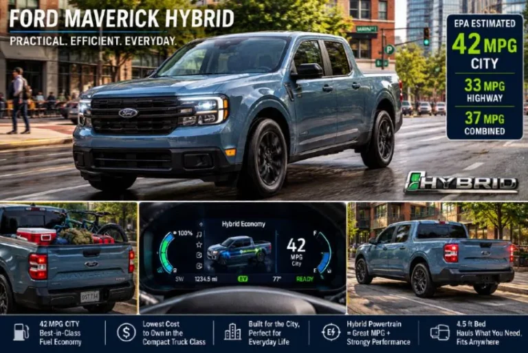 2026 Ford Maverick Hybrid compact pickup truck showing the most fuel-efficient American truck achieving 42 miles per gallon city the highest city fuel economy of any pickup truck sold in the United States starting under 25000 dollars ranked number one most fuel-efficient truck by KBB with above-average predicted reliability from Consumer Reports 2026 using Ford's proven 2.5-liter Atkinson-cycle hybrid system requiring no charging and providing conventional truck ownership experience