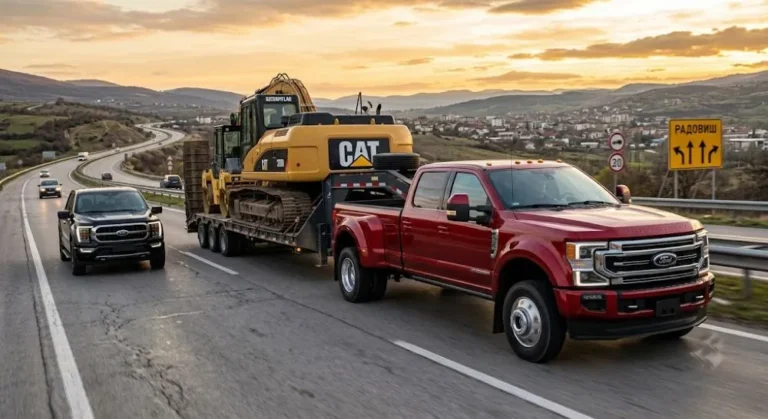 2026 Ford Super Duty F-250 or F-350 towing a large trailer showing the heavy-duty truck's capability that exceeds what any half-ton pickup truck can provide with maximum towing capacity exceeding 40000 pounds in F-450 dual-rear-wheel fifth-wheel configuration using the 6.7-liter Power Stroke diesel producing 500 horsepower and 1200 lb-ft of torque for buyers who regularly tow loads above 12000 pounds where the Super Duty rather than the F-150 is the appropriate tool
