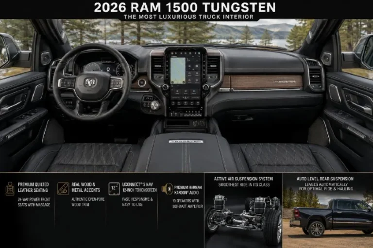 2026 Ram 1500 Tungsten or Limited interior showing the premium leather seating open-pore wood trim Uconnect 12-inch touchscreen and luxury cabin appointments that make the Ram 1500 the most comfortable full-size truck on the market in 2026 with four-corner auto-leveling air suspension standard on higher trims providing exceptional ride quality and easier entry and exit with the high-output Hurricane engine version reaching 0-60 mph in 4.7 seconds in Edmunds testing