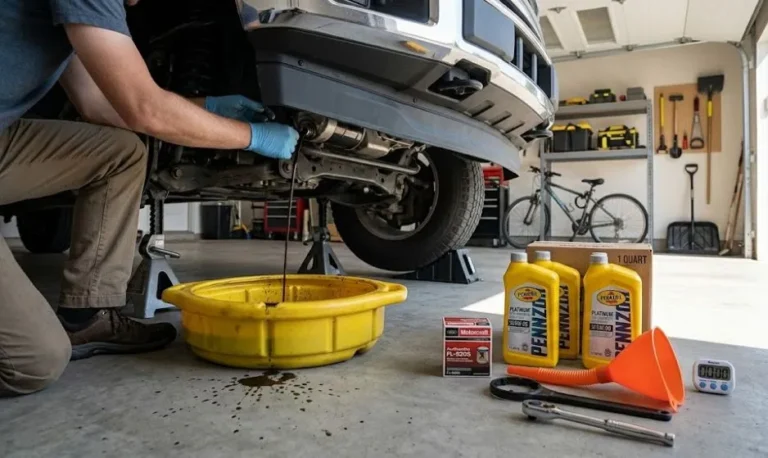 Person performing DIY oil change at home garage showing oil drain pan positioned under vehicle engine drain plug with motor oil draining representing the 25 to 60 dollar material cost of a do-it-yourself full synthetic oil change compared to 75 to 150 dollars at a professional shop with used oil accepted free for recycling at most auto parts stores