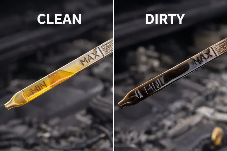 Close up of a vehicle engine oil dipstick being held up showing dark near black degraded oil that has accumulated combustion byproducts past its effective service life compared to clean amber oil indicating the need for an oil change and demonstrating how to visually assess oil condition between scheduled service intervals