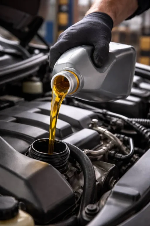 Mechanic pouring fresh amber synthetic motor oil into a car engine representing the complete 2026 guide to oil change intervals covering how often to change conventional semi-synthetic and full synthetic oil by vehicle type manufacturer recommendation and driving conditions