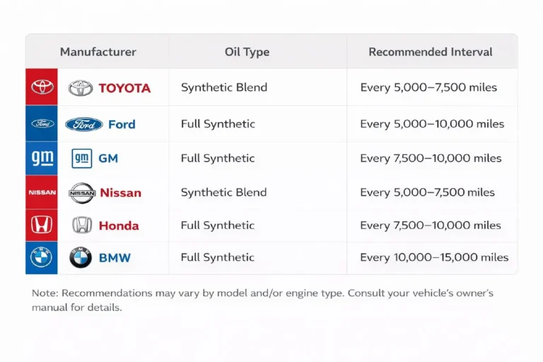 Reference table showing recommended oil change intervals by manufacturer for 2026 including Toyota at 10000 miles or 12 months Ford at 7500 to 10000 miles General Motors at 7500 miles or per oil life monitor Nissan at 5000 to 7500 miles Honda at 5000 to 7500 miles and BMW at 10000 to 15000 miles or per Condition Based Service monitor