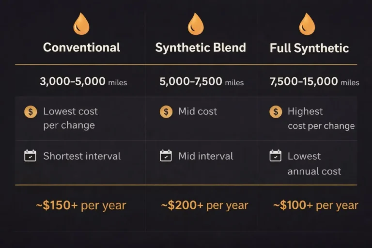 Three column comparison chart showing oil change intervals and annual costs for conventional oil at 3000 to 5000 miles per change semi-synthetic blend at 5000 to 7500 miles and full synthetic at 7500 to 15000 miles demonstrating that full synthetic oil costs less annually despite higher per-change price due to fewer required oil changes per year