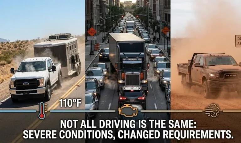 Pickup truck towing a heavy trailer on an American highway representing severe service driving conditions that require more frequent oil changes than the standard manufacturer interval including regular towing and hauling stop and go city driving extreme temperature operation frequent short trips under five miles and dusty or sandy driving environments