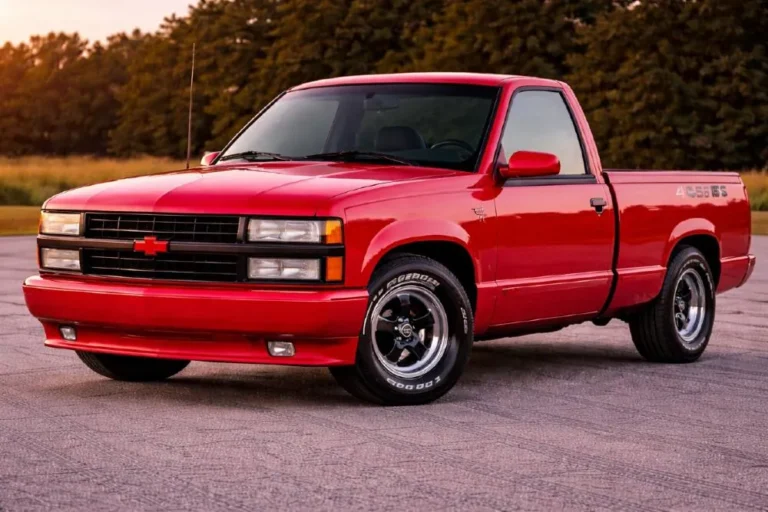  1992 or 1993 Chevrolet 454 SS truck in Victory Red showing the body color painted bumpers and mirrors added for the final two model years alongside the retained blacked out grille that maintained visual continuity with the all black 1990 1991 specification the 1992 model year also introduced multiple interior color options replacing the signature Garnet Red of the first year trucks with 1379 units produced