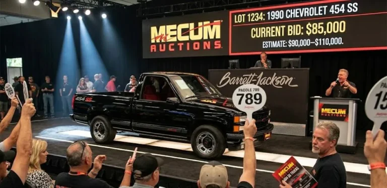 Chevrolet 454 SS truck on the collector car auction block at Mecum representing the documented sale of a 3000 mile 1990 example for 81400 dollars in 2026 the highest recorded sale price for a 454 SS truck demonstrating the appreciation trajectory of a vehicle that originally cost 18295 dollars and has seen excellent condition values increase 22 percent in a single year and 39 to 40 percent over five years according to Hagerty valuation data