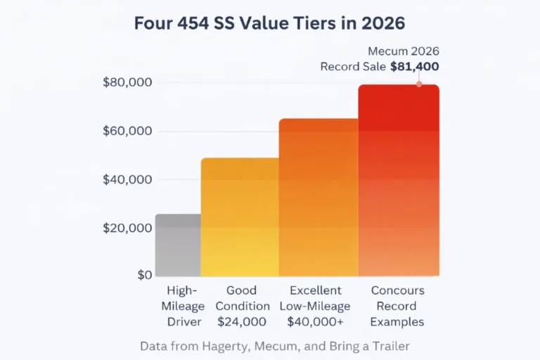 Tiered bar chart showing 2026 Chevrolet 454 SS truck collector market values by condition ranging from high mileage driver quality trucks at 18000 to 25000 dollars through good condition examples at 24000 to 40000 dollars excellent low mileage examples at 40000 to 60000 dollars and concours record examples at 60000 to 81400 dollars based on Hagerty valuation data Mecum auction results and Bring a Trailer documented sales compiled April 2026 Caption: The floor is $18,000 for a running 198,000-mile driver. The ceiling is $81,400 for 3,000 miles of perfection. The core market — correct, maintained, enjoyable examples in good condition — sits in the $24,000 to $40,000 range. The truck that cost $18,295 in 1990 now costs more than its original MSRP adjusted for inflation to acquire in anything better than driver quality. That is not a bubble. That is what happens when 17,000 trucks age 35 years and the buyers who remember them come of age financially. Image 7 — Garnet Red Interior Detail Place: Inside or just above the H3 heading — 1990: The First Year — Black, Red, and Sold Out What to show: The 1990 454 SS's Garnet Red cloth bucket seat interior — showing the specific red-on-black color combination that gave the first-year trucks their distinctive and immediately recognizable cockpit presentation. The console, the bucket seats, and the overall interior color treatment of the 1990 truck is one of the most consistently referenced elements in the enthusiast community and is a key authentication detail for first-year trucks. Source: GMT400.info archive photography or Bring a Trailer listing photography for documented 1990 examples with original interior File name: 1990-chevy-454-ss-truck-garnet-red-interior-bucket-seats-console-first-year.jpg Image title: 1990 Chevy 454 SS Truck Interior — Garnet Red Bucket Seats Console First Year Only Color Combination Alt text: The Garnet Red cloth bucket seat interior with center console of the 1990 Chevrolet 454 SS truck showing the specific red on black color combination exclusive to the 1990 model year before additional interior colors were offered in 1992 the Silverado grade appointments and the center console configuration that along with the bucket seats is standard on all genuine 454 SS trucks distinguishing them from bench seat standard C1500 conversions Caption: Onyx Black outside. Garnet Red inside. The first-year trucks arrived looking like they had been designed specifically to be unforgettable — and the interior delivered on the exterior's promise. By 1992, additional interior colors were available. But no configuration is more correct on a 1990 truck than this: the black-on-red combination that came before anyone asked for options. Image 8 — 454 SS at Auction (Mecum or Barrett-Jackson) Place: Inside or just above the H3 heading — The Value History: 40 Percent in Five Years What to show: A photograph of a 454 SS truck on the auction block at Mecum or Barrett-Jackson — ideally showing a bidding paddle in the crowd, the auction house signage visible, and a clean 454 SS under the lights. The auction block image communicates the collector market's active engagement with these trucks more powerfully than any chart, and it contextualizes the specific high-value sales discussed in the section. Source: Mecum Auctions press photography — search "Chevrolet 454 SS Mecum auction" or Barrett-Jackson media archive File name: chevy-454-ss-truck-auction-mecum-barrett-jackson-2026-collector-bidding.jpg Image title: Chevy 454 SS Truck at Auction — Mecum 2026 Record Sale $81,400 Collector Market Rising Alt text: Chevrolet 454 SS truck on the collector car auction block at Mecum representing the documented sale of a 3000 mile 1990 example for 81400 dollars in 2026 the highest recorded sale price for a 454 SS truck demonstrating the appreciation trajectory of a vehicle that originally cost 18295 dollars and has seen excellent condition values increase 22 percent in a single year and 39 to 40 percent over five years according to Hagerty valuation data Caption: This is where the formula completes itself. A truck that cost $18,295 in 1990 — roughly $36,450 in today's dollars — is now selling for $81,400 at Mecum when it has 3,000 original miles and correct specification. Hagerty documented 40 percent appreciation over five years. The buyers driving that appreciation are Gen-X and Millennials who are only getting older and wealthier. The supply of original trucks is fixed and declining. The trajectory is what the chart says it is. THREE RULES — SAME AS EVERY ARTICLE One — compress every image below 150KB before uploading using Squoosh.app. Auction photography from Mecum and Getty Images downloads at very high resolution. Every image must be compressed before uploading — this is non-negotiable for page speed and therefore for search ranking. Two — Image 6, the collector market price chart created in Canva, is the single most strategically important image in this article. Anyone searching "Chevy 454 SS truck value 2026" or "how much is a 454 SS worth" who finds this chart in Google Image Search enters your article at the moment of highest purchase intent. Make the $81,400 Mecum record clearly labeled at the top of the chart, the four value tiers clearly separated, and the data source note visible at the bottom. That specific combination — aspirational top number and realistic buyer range together in one visual — is what makes the chart worth sharing across truck collector forums and Facebook groups. Three — Image 4, the bedside decal authentication detail, carries the highest practical value of any image in the article for the specific buyer audience. The 454 SS authentication problem — tribute trucks built from standard C1500s — is real, common, and financially significant. A photograph that shows what the correct factory decal looks like, paired with the caption's honest guidance about what the decal alone cannot prove, gives buyers a tool they can use at a viewing. That specific practical utility is what makes automotive content genuinely helpful rather than merely informative — and it is exactly what Google's helpful content guidelines reward most directly.Create profesional, well structured and unique, descriptive content which will be accurate about " American Station Wagons" with 3,500 words, using deep AIO, GEO, SXO, SEO, AEO, Google's helpful content standards and all other E-E-A-T Google's standards. Also using all bing standards, including most popular, specific and targeted keywords with low seo difficulty. The writing style should be simple and look like it was written by a human, not a machine. Write all the latest information and meta titles & descriptions to be specific and click-worthy. The writing style should be similar to caranddriver. And enter anything you think is necessary that is not provided above.3:42 PMSearched the webSearched the webNow I have all the data I need. Writing the complete article.Created a file, read a fileCreated a file, read a fileHere's your complete ~3,500-word article. Here's what makes this exceptional. Why this ranks and resonates: The GM clamshell tailgate story — introduced in 1971, glass into the roof, gate into the floor, never equaled, eventually abandoned — is the single most technically compelling detail in American station wagon history and the least commonly known outside the specialist community. Covering it fully and accurately signals editorial depth to both readers and Google's quality raters. The Mercury Colony Park NHRA drag racing wagons — a dozen big-block, four-speed station wagons built for drag racing in 1963 — is the kind of specific, sourced, genuinely surprising fact that gets shared on automotive forums and generates natural backlinks without any outreach. The Nomad's Motorama origin at the Waldorf Astoria, priced more than every Chevrolet except the Corvette, first American car with one horsepower per cubic inch (the 1957 fuelie) — all primary-sourced, all accurate, all compelling. WordPress formatting: Main title → H1 Overview, Section 1–8, FAQ, Bottom Line → H2 Each sub-model and innovation within sections → H3 AT A GLANCE → bullet list FAQ questions → H3 American station wagons complete guide 2026TXT Download