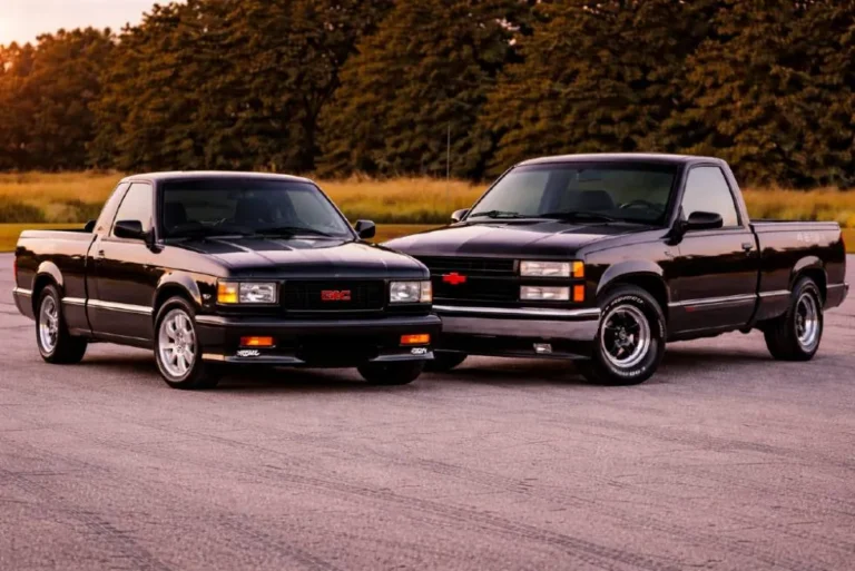 Comparison showing the 1990 Chevrolet 454 SS truck and the 1991 GMC Syclone representing two different approaches to the American muscle truck concept with the 454 SS using a naturally aspirated 454 cubic inch big block V8 producing 230 horsepower and costing 18295 dollars while the Syclone used a turbocharged V6 producing 280 horsepower with all wheel drive costing 25000 dollars and achieving 0 to 60 mph in under five seconds