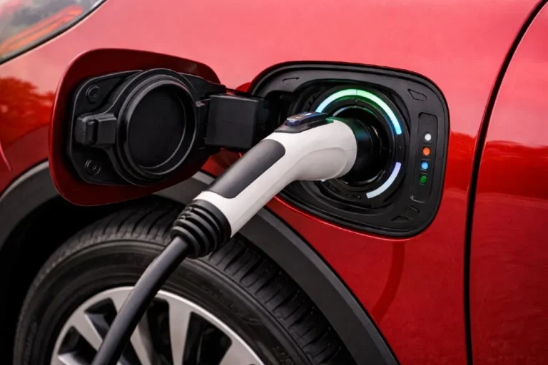 Close up view of the Ford Escape 2021 PHEV plug-in hybrid charging port on the front fender with Level 2 charging cable connected showing the charge access location for the 37 mile EPA estimated all-electric range plug-in hybrid that achieves 105 MPGe city equivalent