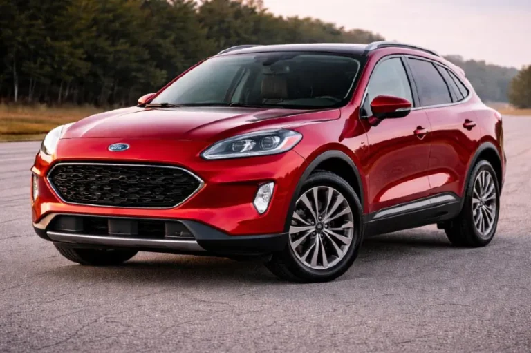 2021 Ford Escape Titanium in Rapid Red Metallic three-quarter front exterior view showing LED headlights full front fascia and fourth generation compact SUV design with five star NHTSA overall safety rating and available hybrid and plug-in hybrid powertrains