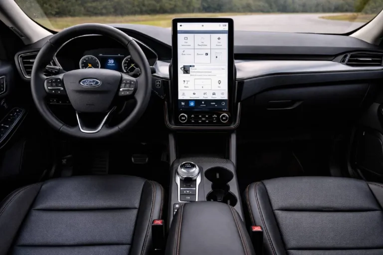 Interior of the 2021 Ford Escape Titanium trim showing the 13.2 inch vertical SYNC 4 touchscreen with wireless Apple CarPlay and Android Auto digital instrument cluster leather seating and premium interior materials that distinguish the Titanium from lower SE and SEL trim levels