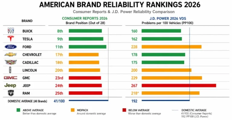 Horizontal bar chart showing Consumer Reports 2026 reliability rankings for all American car brands with Buick ranked 8th overall as best domestic brand Tesla 9th Ford 11th Chevrolet 17th Cadillac 18th Lincoln 20th GMC 23rd Jeep 24th and Ram 25th out of 28 total ranked brands with the domestic brand average score of 41 out of 100 shown as a reference line and color coding from green for above-average brands through red for below-average brands