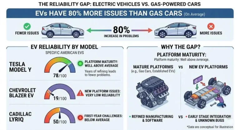 Three-bar comparison chart showing relative reliability for conventional gasoline vehicles hybrid vehicles and electric vehicles in 2026 based on Consumer Reports data showing that EVs have 80 percent more issues than gas cars on average with gasoline vehicles showing the best reliability conventional hybrids in the middle and first-generation electric vehicles showing the most problems due to software instability and first-generation battery technology challenges
