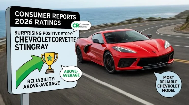 2026 Chevrolet Corvette C8 mid-engine sports car scoring above average for predicted reliability in Consumer Reports 2026 ratings making it one of the few American performance cars to earn an above-average reliability score and a rare combination of performance capability with dependability with the LT2 naturally aspirated V8 and C8 mid-engine platform having accumulated enough real-world production data across multiple model years to establish its reliability profile