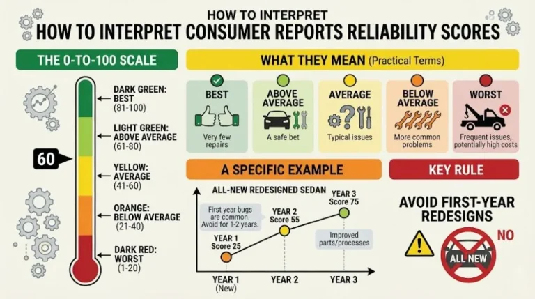 Horizontal bar chart showing Consumer Reports 2026 reliability rankings for all American car brands with Buick ranked 8th overall as best domestic brand Tesla 9th Ford 11th Chevrolet 17th Cadillac 18th Lincoln 20th GMC 23rd Jeep 24th and Ram 25th out of 28 total ranked brands with the domestic brand average score of 41 out of 100 shown as a reference line and color coding from green for above-average brands through red for below-average brands