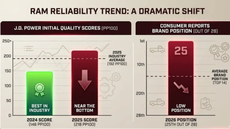 Line or bar chart showing Ram's dramatic reliability decline from J.D. Power 2024 Initial Quality Study where Ram led all brands with 148 problems per 100 vehicles better than Lexus Toyota and Honda to J.D. Power 2025 where Ram fell to 218 problems per 100 vehicles near the bottom of all 23 ranked brands with the industry average of 192 problems per 100 shown as a reference line representing the most dramatic single-brand reliability decline in American automotive history