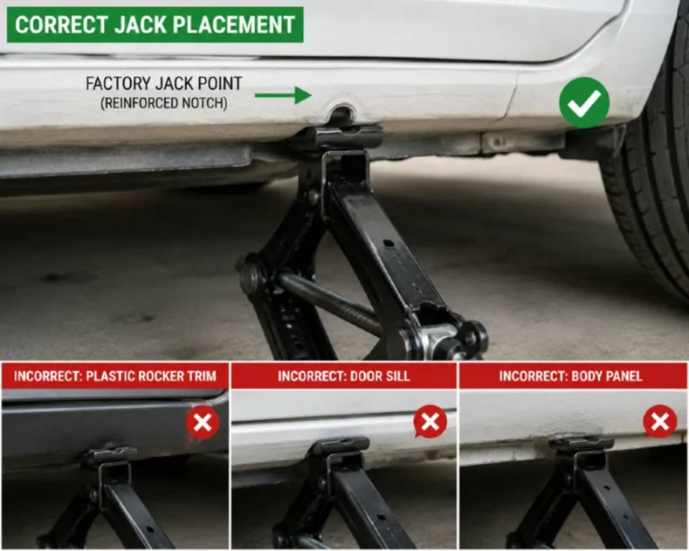 Close up of a vehicle's designated jack point showing the reinforced notch or marking on the rocker panel seam or frame rail where the scissor jack or hydraulic jack head should contact the vehicle with visual indication of the correct placement location versus incorrect placement under plastic door trim door sills or bodywork which risks bending the body cracking plastic or causing the vehicle to slip off the jack during the tire change
