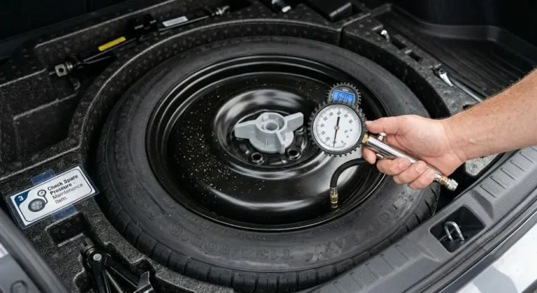 Hand using a tire pressure gauge to check the inflation pressure of a compact temporary spare tire showing the 60 PSI requirement for compact spare tires significantly higher than the 30 to 35 PSI typical for regular passenger car tires with the spare stored in its trunk position demonstrating that monthly pressure checks of the spare tire during regular tire pressure maintenance prevent the common emergency situation of discovering a flat or underinflated spare during a roadside tire change
